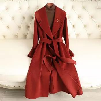 2024 осень-зима новое двухстороннее шерстяное пальто женское однотонное со шнуровкой и лацканами облегающее легкое роскошное шерстяное пальто высокого класса S100-125