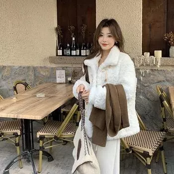 2024 осень-зима новое пальто из овечьей шерсти женское молочное фуфу искусственный мех плюш с интегрированным утолщенным верхом S белый