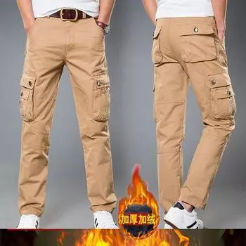 2024 Осень/Зима Новые Бархатные Плотные Рабочие Брюки Мужские Брюки Уличные Свободные Спортивные Прямые Повседневные Брюки 28 хаки