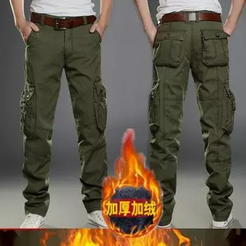 2024 Осень/Зима Новые Бархатные Плотные Рабочие Брюки Мужские Брюки Уличные Свободные Спортивные Прямые Повседневные Брюки 28 хаки