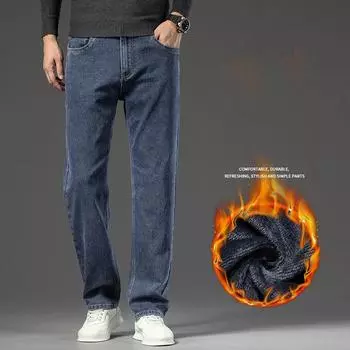 2024 Осень/Зима Новые Большие Прямые Свободные Ковбойские Мужские Эластичные И Бархатные Толстые Теплые Штаны 40