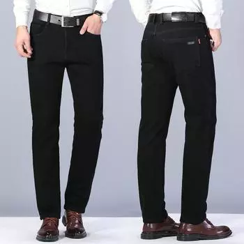 2024 Осень/Зима Новые черные джинсы с толстым бархатом и прямые свободные брюки-трубы, повседневные и теплые брюки из хлопка 34 чёрный