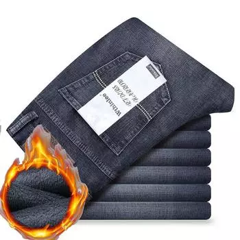 2024 Осень/Зима Новые Джинсовые Мужские Прямые Свободные Эластичные Повседневные Брюки С Плотным Бархатом/Обычные Брюки 28