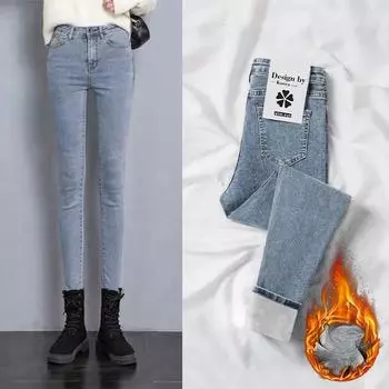 2024 осень-зима новые джинсы женские бархатные и тонкие с высокой талией облегающие эластичные брюки-карандаш для маленьких ног 25 чёрный