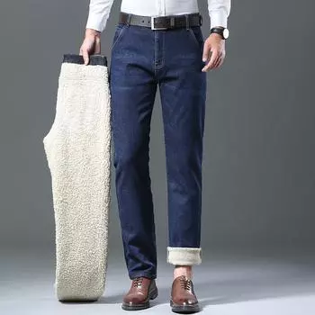 2024 Осень/Зима Новые Мягкие Толстые Джинсы Мужские Свободные Прямые Брюки Хлопок Эластичный Теплый Деловой Стиль 28