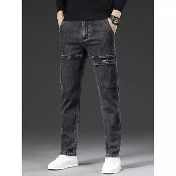2024 Осень/Зима Новые мужские многокарманные эластичные джинсы Деловые прямые рабочие брюки Модные универсальные повседневные брюки 28 синий