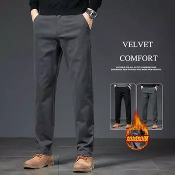 2024 Осень/Зима Новые мужские плюшевые утолщенные/обычные опциональные высококачественные повседневные брюки облегающего кроя прямые брюки 28 чёрный