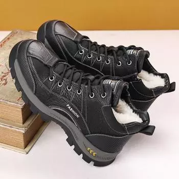 2024 осень-зима новые мужские повседневные высокие хлопковые ботинки мужские бархатные теплые зимние ботинки на толстой подошве со шнуровкой для отдыха на открытом воздухе 0896 38 чёрный