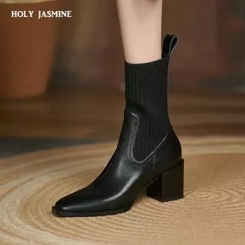 2024 Осень Зима Новые Носки До Пола Обувь Женская Мода Большой Размер 42 Вязаные Короткие Сапоги Женские Слипоны На Высоком Каблуке Botas De Mujer 34 чёрный