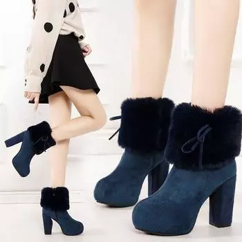 2024 Осень/Зима Новые Сапоги на толстом каблуке, повседневная мода, замша, перевернутый бархат, теплая женская обувь 34 чёрный
