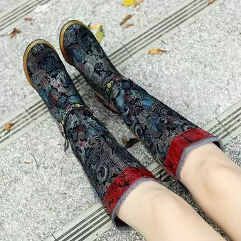 2024 осень-зима новые сапоги на высоком каблуке из натуральной кожи ручной работы с кружевной отделкой в стиле ретро 36 чёрный