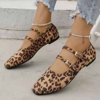 2024 осень-зима новые супер мягкие туфли Мэри Джейн с леопардовым принтом женские туфли на плоской подошве с пряжкой в одно слово туфли Doudou 36 цветной печати леопарда