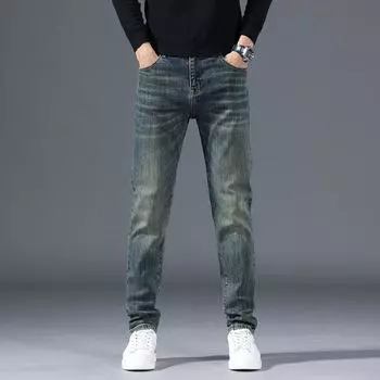 2024 Осень-Зима Новые Свободные Высококачественные Деловые Джинсы, Повседневные Брюки Не Глажка, Стираные Мужские Брюки 28 синий