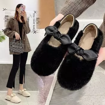 2024 Осень/Зима Новые Туфли с бантом из плюша Женские Туфли из плюша с плоской подошвой из хлопка Туфли Bean сохраняют тепло в снегу 35 бежевый