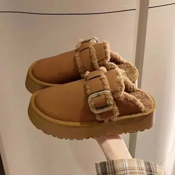 2024 Осень Зима Новые Удобные Металлические Пряжки Цветные Блоки Толстая Подошва С Флисом Теплые Волосы Полуголовые Тапочки Для Женщин 36 верблюд