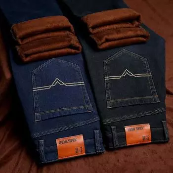 2024 Осень/Зима Новые Утолщенные Мягкие Эластичные Джинсы Деловые Узкие Прямые Брюки Теплые Свободные Брюки 28 синий