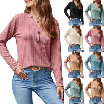 2024 Осень Зима Новые женские футболки с длинным рукавом, женская мода, пуговицы, V-образный вырез, трикотажная футболка, женские однотонные повседневные топы S синий