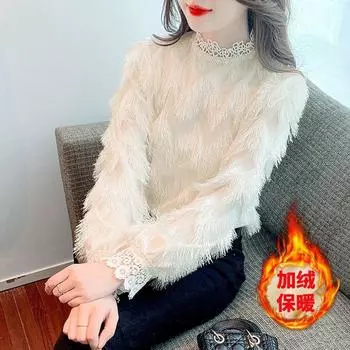 2024 осень-зима новый бархатный утолщенный тяжелый промышленный топ ручной работы с бахромой и кружевной сеткой с длинными рукавами для женщин S