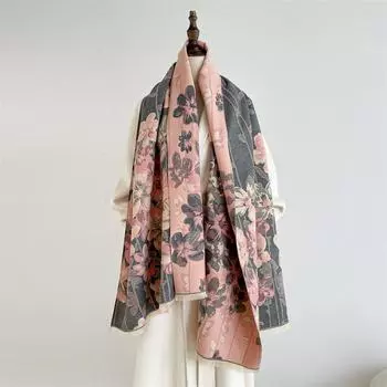 2024 Осень/Зима Новый Цвет Блок Имитация Кашемира Женская Шаль С Кисточками Утолщенный Теплый Двусторонний Жаккардовый Шерстяной Шарф 190x65cm серый