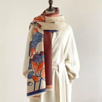 2024 Осень/Зима Новый Цвет Блок Имитация Кашемира Женская Шаль С Кисточками Утолщенный Теплый Двусторонний Жаккардовый Шерстяной Шарф 190x65cm озеро синий