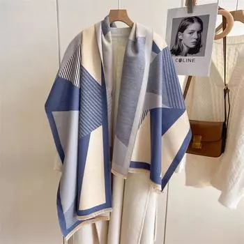 2024 Осень/Зима Новый Цвет Блок Имитация Кашемира Женская Шаль С Кисточками Утолщенный Теплый Двусторонний Жаккардовый Шерстяной Шарф 180x65cm синий