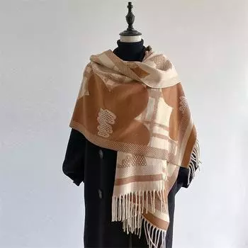 2024 Осень/Зима Новый Цвет Блок Имитация Кашемира Женская Шаль С Кисточками Утолщенный Теплый Двусторонний Жаккардовый Шерстяной Шарф 180x65cm зелёный