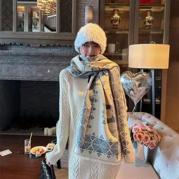 2024 Осень/Зима Новый Цвет Блок Имитация Кашемира Женская Шаль С Кисточками Утолщенный Теплый Двусторонний Жаккардовый Шерстяной Шарф 180x65cm бежевый