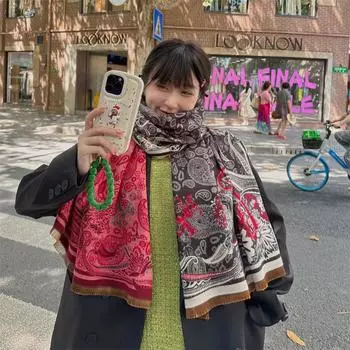 2024 Осень/Зима Новый Цвет Блок Имитация Кашемира Женская Шаль С Кисточками Утолщенный Теплый Двусторонний Жаккардовый Шерстяной Шарф 190x65cm синий