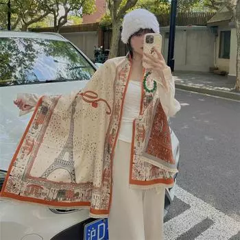 2024 Осень/Зима Новый Цвет Блок Имитация Кашемира Женская Шаль С Кисточками Утолщенный Теплый Двусторонний Жаккардовый Шерстяной Шарф 190x65cm оранжевый