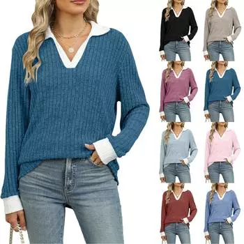 2024 Осень/Зима Новый Цвет Clash Воротник Длинный Рукав Свободная Футболка Топ Для Женщин S розовый