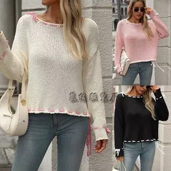 2024 Осень/Зима Новый Европейский И Американский Ручной Работы Веревка Носить Однотонный Свободный Трикотажный Свитер Для Женщин S чёрный