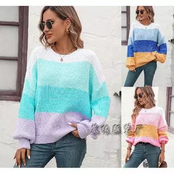 2024 Осень/Зима Новый Европейский И Американский Цвет Блокированный Круглый Вырез Вязаный Свитер Модный Свитер Для Женщин S зелёный