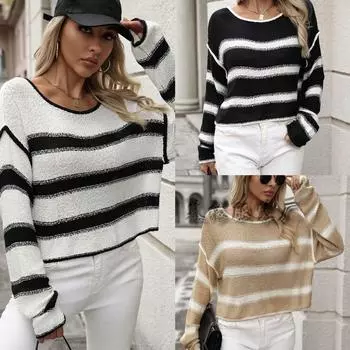 2024 Осень/Зима Новый Европейский и Американский Женский Круглый Вырез Цвет Блок Вязаный Свитер С Полосатой Свободной Толстовкой Оверсайз S белый