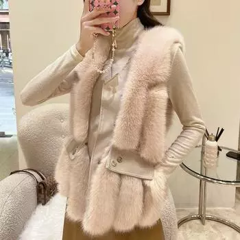 2024 осень-зима новый искусственный меховой жилет женский короткий сращиваемый жилет из меха лисы S абрикосовый