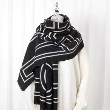 2024 Осень/Зима Новый Напечатанный Кашемир Как Длинный Шарф Шаль Женский Теплый Шарф Шаль Утолщенный Бархатом 82*180cm чёрный