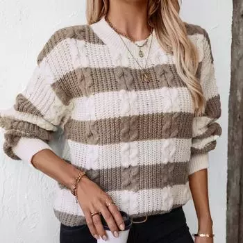 2024 Осень/Зима Новый Пуловер Полосатый Свитер Женский Ретро Свободный Круглый Вырез Скрученный Цветок Европейский И Американский Трикотажный Свитер Топ S кофейный