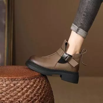 2024 Осень/Зима Новый Стиль Женские Короткие Сапоги Флисовая Подкладка Теплая Мягкая Кожа Универсальные Модные Женские Туфли Пряжка 35 чёрный