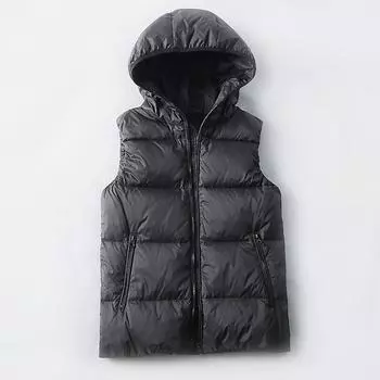 2024 осень-зима новый женский белый жилет на утином пуху с шапкой японский жилет на пуху с капюшоном распродажа S чёрный