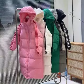 2024 осень-зима новый женский пуховик длинный до колена утолщенный корейская версия свободный белый утиный пух с капюшоном зимнее пальто S темно-серого