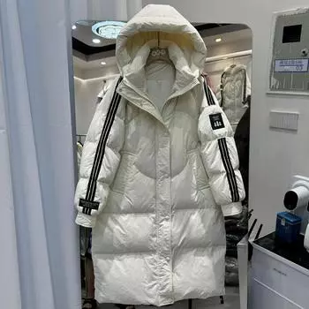 2024 осень-зима новый женский пуховик с капюшоном длиной до колена спортивный полосатый три дерева утолщенный свободный пуховик на утином пуху S 90-62.5 kg