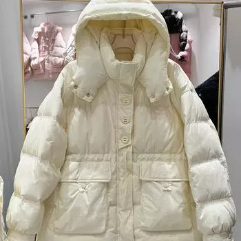 2024 осень-зима новый женский пуховик средней и длинной длины с капюшоном на трех пуговицах, утолщенная талия модная теплая куртка на утином пуху S 90-62.5 kg светло-синий
