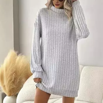 2024 осень зима однотонное длинное платье-макси с длинным рукавом и воротником-стойкой для женщин элегантные облегающие эластичные свободные прямые трикотажные платья модная уличная одежда S серый