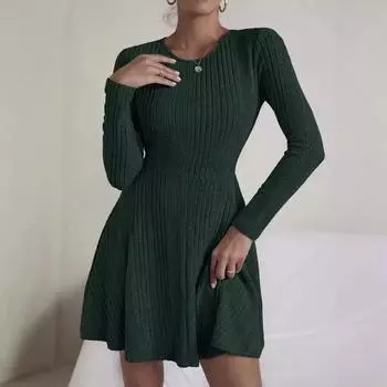 2024 осень зима однотонное мини-платье с длинным рукавом и круглым вырезом для женщин элегантные облегающие эластичные трикотажные платья А-силуэта модная уличная одежда S зелёный