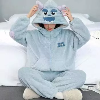 2024 осень-зима пижама с капюшоном комплект мультфильм прекрасный девушка плюш плюс бархат утолщенная пижама спортивный костюм сохраняющий тепло пижама комплект из двух частей одежда для дома M синий
