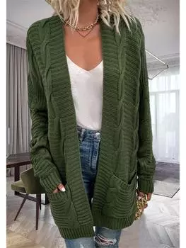 2024 Осень/Зима Плюс Размер Женский Кардиган Средней Длины С Косовой Вязкой Свитер L зелёный