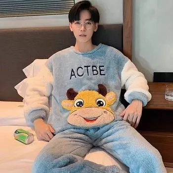 2024 осень-зима плюшевая пижама мужская утолщенная коралловая флисовая мультяшная взрывная подростковая мужская домашняя одежда костюм L