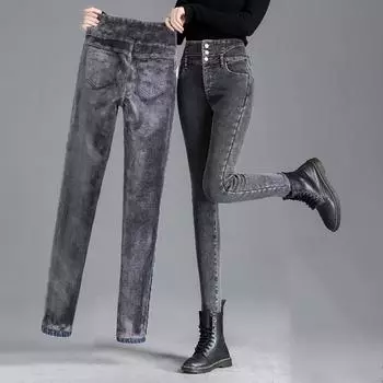 2024 Осень Зима Плюшевый Бархат Женские Джинсы Брюки Модные Свободные Высокая Талия Теплые Джинсы Женские Повседневные Узкие Винтажные Женские Джинсовые Брюки 30108 S синий