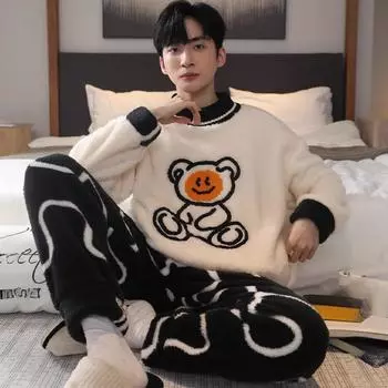 2024 осень-зима плюшевый пижамный комплект мужской утолщенный коралловый флис пижама мультфильм взрыв подростковый мужской домашний костюм L