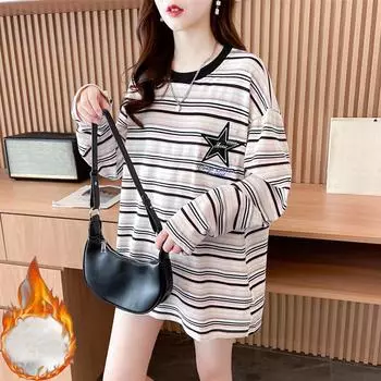 2024 осень зима полосатая утолщенная женская футболка с длинным рукавом корейская теплая бархатная y2k верхняя повседневная свободная нижняя футболка уличная одежда M