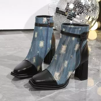 2024 Осень/Зима Популярные Модные Женские Сапоги Новые Модные Квадратные Головки Молнии Боковые Высокие Каблуки Универсальные Модные Женские Сапоги 34 чёрный